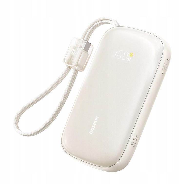 Baseus EnerFill FC21 Qpow 3 Ultra -varavirtal&auml;hde 20000mAh 22.5W LCD-n&auml;yt&ouml;ll&auml; ja kaapelilla, valkoinen