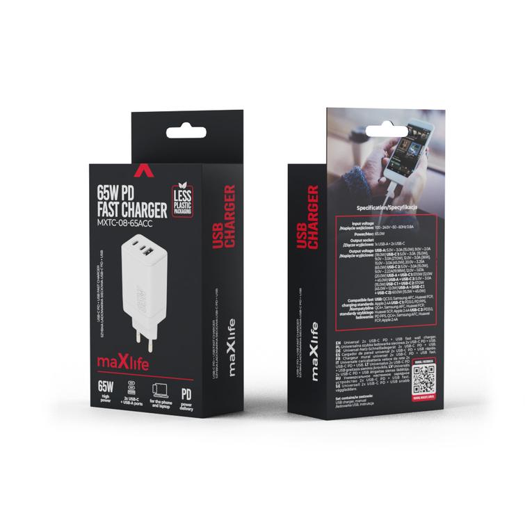 Maxlife MXTC-08-65ACC PD QC laturi 2x USB-C 1x USB 65W valkoinen