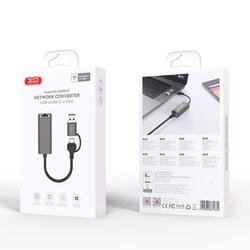 XO-sovitin HUB HUB018 2w1 USB-USB-C - RJ45 harmaa