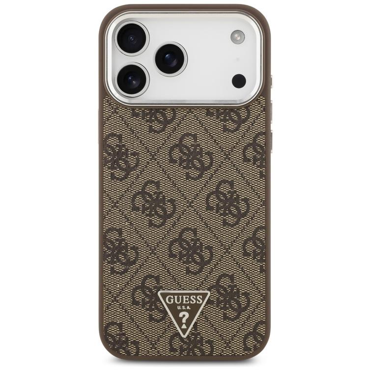 Guess Case Magsafe 4G PU-nahkakotelo kolmiologolla ja hopeisella metallisella kamerakehyksellä iPhone 17 Pro Maxille, ruskea
