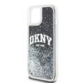 DKNY iPhone 15 6,1" -puhelimen kuoret, mustat nestekimalleilla ja kaarilogolla. DKNY DKHCP15SLBNAEK -kotelo.