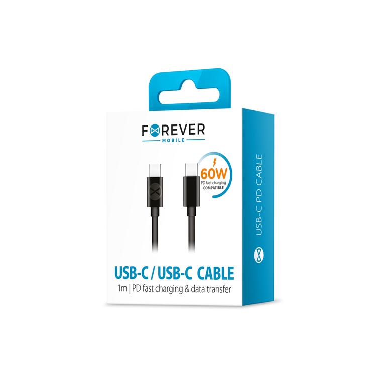Forever-kaapeli USB-C - USB-C 1,0 m 60W musta