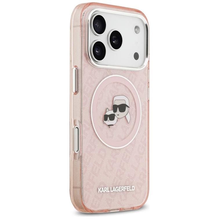 Karl Lagerfeld -kotelo, Magsafe IML -kimallekotelo, metallinen kamerakehys ja napit, Karlin ja Choupetten p&auml;&auml;t KL:n toistuvassa logossa, iPhone 17 Pro, pinkki