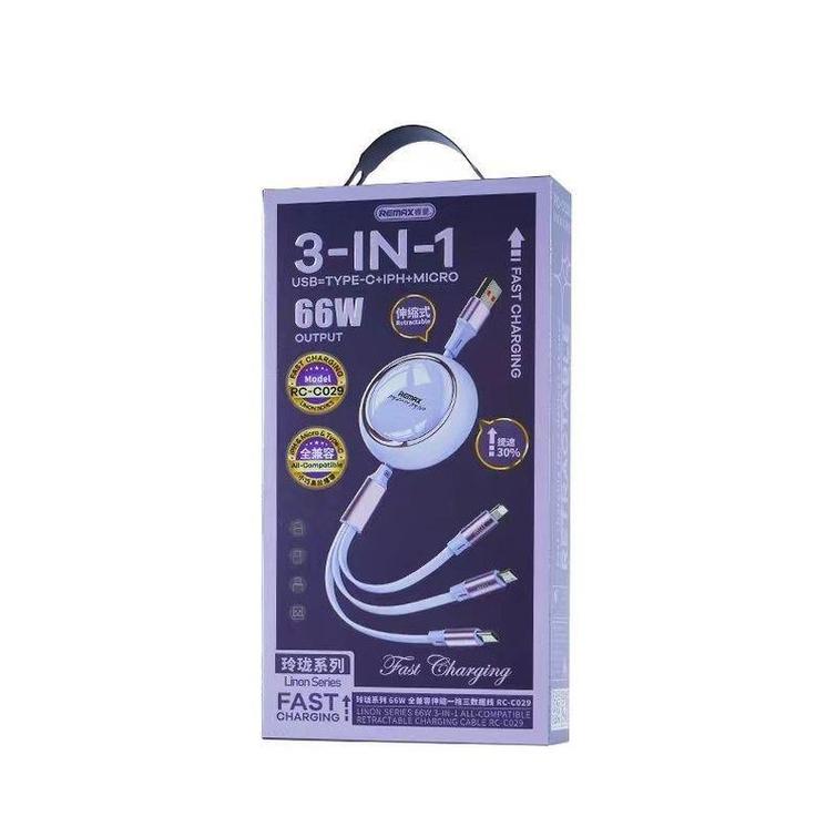 CABLE REMAX LINON SERIES 66W 3IN1 USB-C/MICRO/LIGHTNING RC-C029 PURPLE