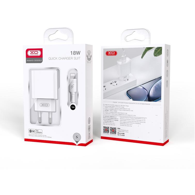 XO-seinälaturi CE02D QC 3.0 18W 1x USB valkoinen + Lightning-kaapeli