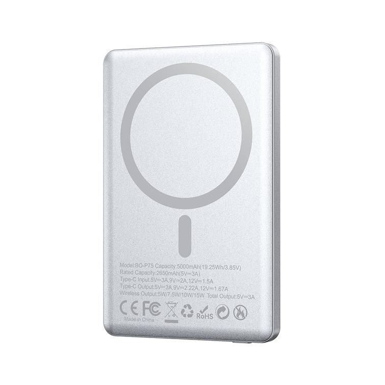 BWOO alumiininen magneettinen varavirtalähde P75 PD 20W 5000 mAh digitaalisella näytöllä ja USB-C-portilla, hopeanvärinen