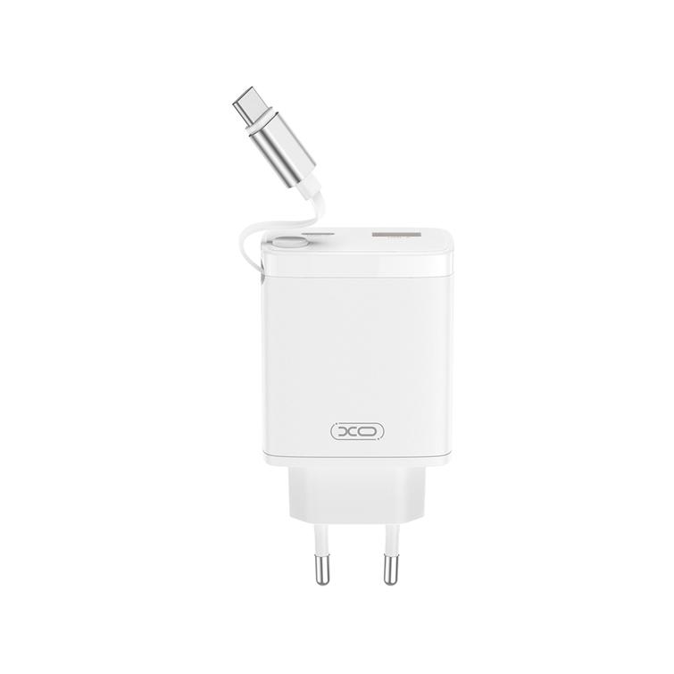 XO-sein&auml;laturi CE31 1x USB 1x USB-C 30W valkoinen sis&auml;&auml;nvedett&auml;v&auml;ll&auml; USB-C-kaapelilla