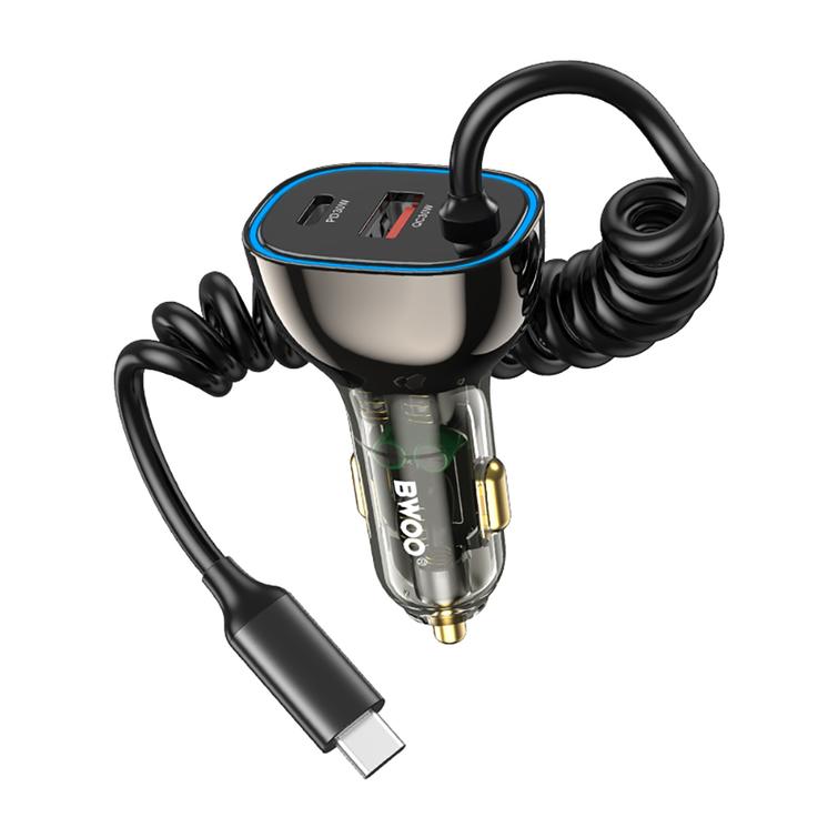 BWOO CC96C 30W PD autolaturi 1x USB-C 1x USB-portti USB-C-kaapelilla harmaa