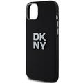 DKNY iPhone 15 Plus 6,7" -puhelimen suojakuori DKHCP15MSMCBSK, musta HC-silikoni ja pinomainen metallilogo.
