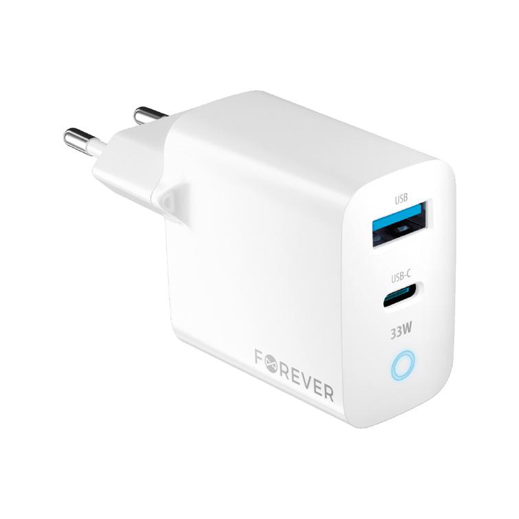 Forever TC-06-33AC GaN PD QC laturi 1x USB-C 1x USB 33W valkoinen