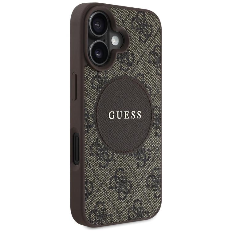 Guess HC MagSafe PU 4G Circle -suojakuori klassisella logolla iPhone 16:lle, ruskea