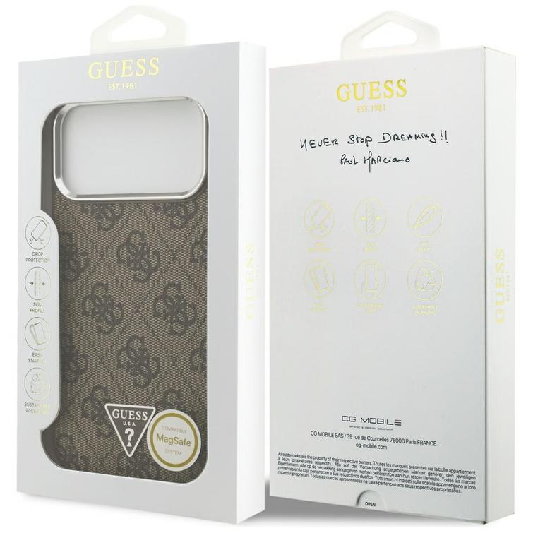 Guess Case Magsafe 4G PU-nahkakotelo kolmiologolla ja hopeisella metallisella kamerakehyksell&auml; iPhone 17 Pro Maxille, ruskea