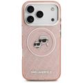 Karl Lagerfeld -kotelo, Magsafe IML -kimallekotelo, metallinen kamerakehys ja napit, Karlin ja Choupetten päät KL:n toistuvassa logossa, iPhone 17 Pro, pinkki