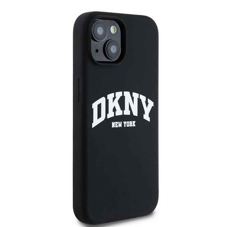 DKNY iPhone 15 Plus 6,7" -puhelimen suojakuori DKHMP15MSNYACH musta HC Magsafe -silikoni kaarilogolla.
