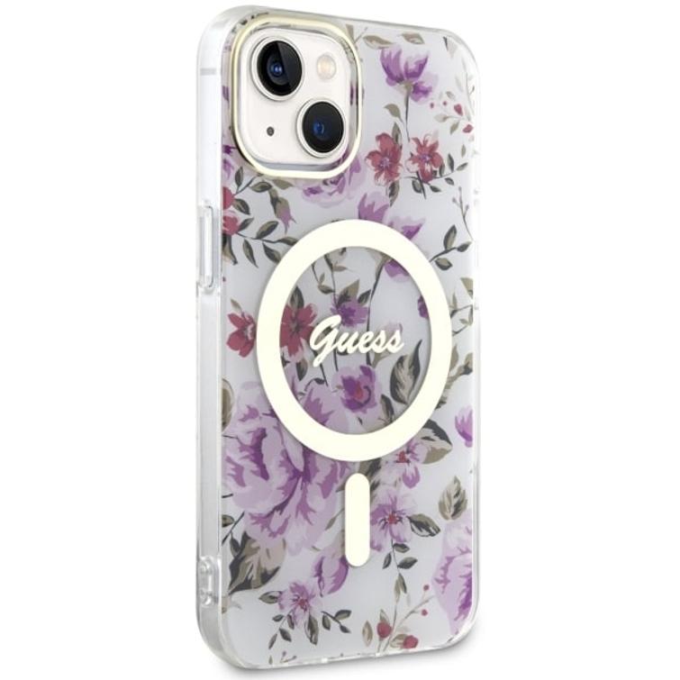 Guess iPhone 14 6,1" -puhelimen kuoret GUHMP14SHCFWST - läpinäkyvä kovakuori, Magsafe IML Flower