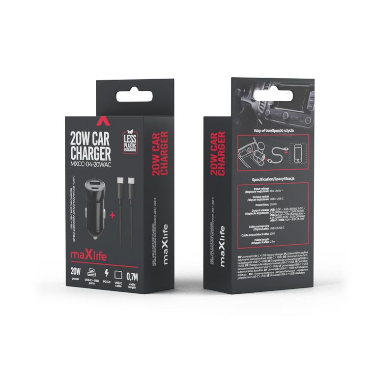 Maxlife MXCC-04 PD QC autolaturi 1x USB-C 1x USB 20W musta + USB-C - USB-C -kaapeli 60W