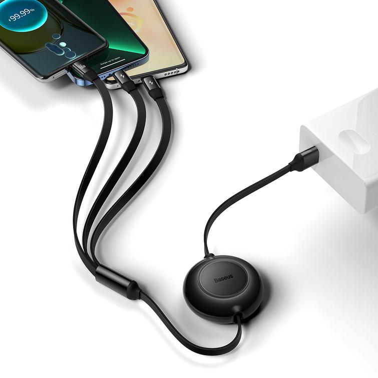 Baseus-kaapeli Bright Mirror 2 3w1 USB - micro USB + Lightning + USB-C 1,1m 66W musta sisäänvedettävä