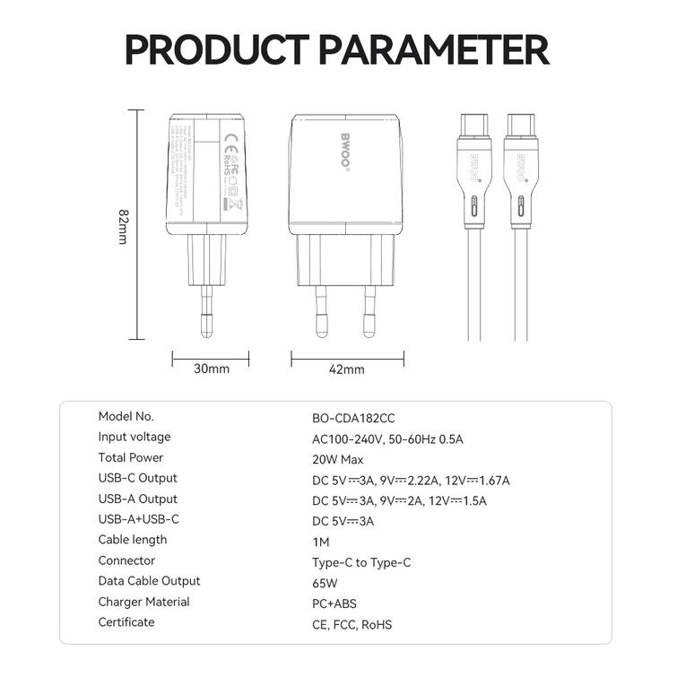 BWOO-seinälaturi CDA182 QC 38W 1x USB-A + 1x USB-C USB-C-kaapelilla 1 m musta