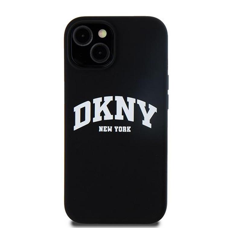 DKNY iPhone 15 Plus 6,7" -puhelimen suojakuori DKHMP15MSNYACH musta HC Magsafe -silikoni kaarilogolla.