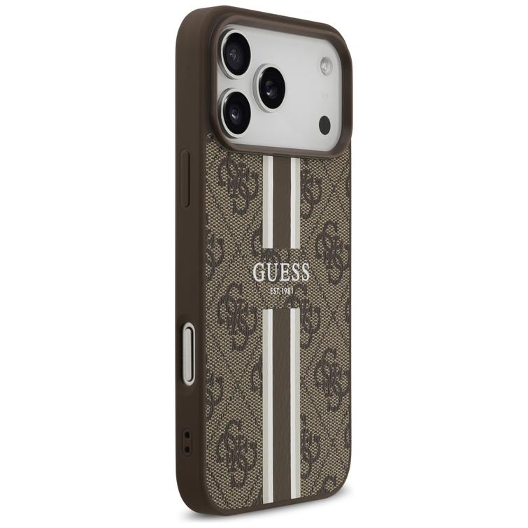 Guess 4G Printed Stripes MagSafe -kotelo iPhone 17 Pro Maxille, ruskea