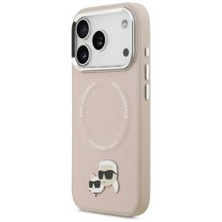 Karl Lagerfeld -kotelo, Magsafe PU -kotelo, jossa Karl&Choupette-p&auml;&auml;t, nastat, logo ja metalliset kamerapainikkeet iPhone 17 Prolle, beige