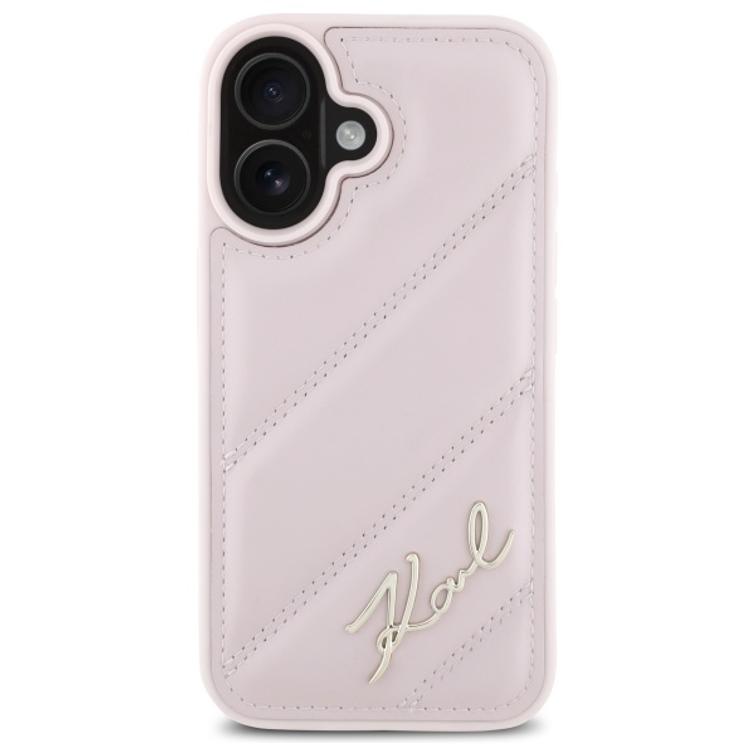 Karl Lagerfeld iPhone 16 6,1" -puhelimen suojakuori, KLHCP16SPQDSMGP, pinkki, kovatikkattu Signature-kuvio.