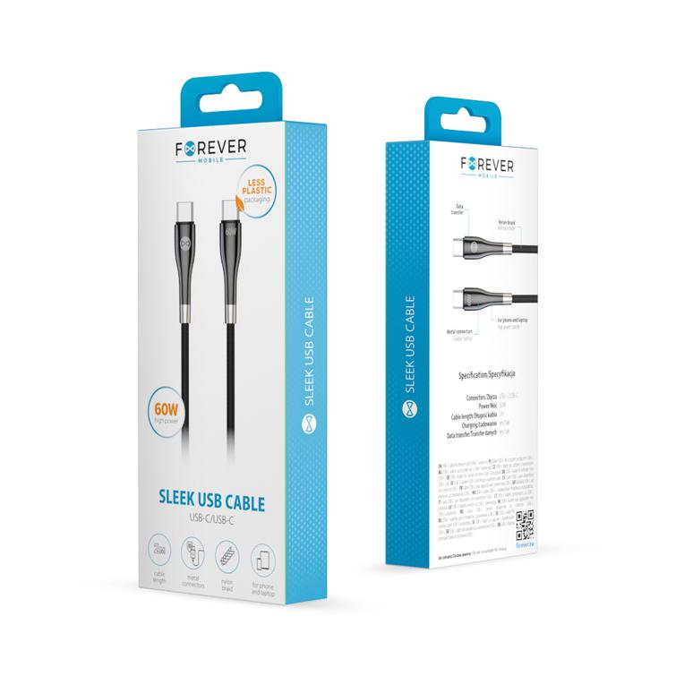 Forever Sleek -kaapeli USB-C - USB-C 2,0 m 60W musta