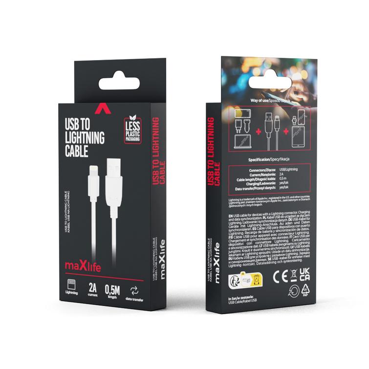 Maxlife USB-kaapeli - Lightning 0,5 m 2A valkoinen
