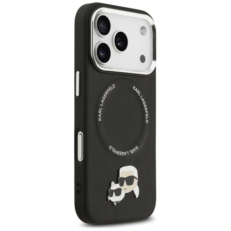 Karl Lagerfeld -kotelo, Magsafe PU -kotelo, jossa Karl&Choupette-p&auml;&auml;t, nastat, logo ja metalliset kamerapainikkeet iPhone 17 Prolle, musta