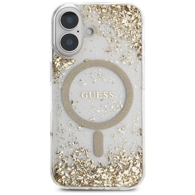 Guess HC Resin Bottom Glitter -suojakuori iPhone 16:lle, MagSafe, kulta