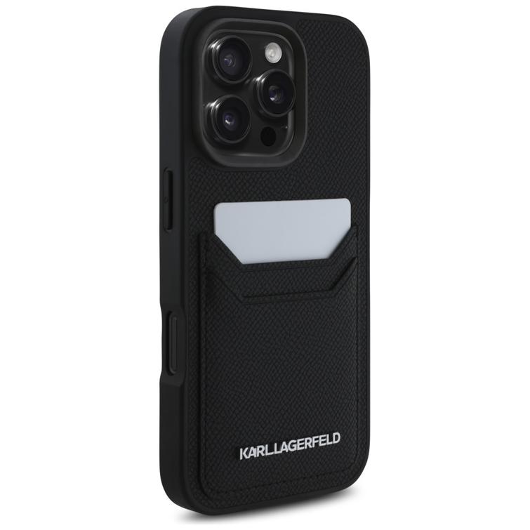 Karl Lagerfeld HC Grained PU CardSlot Metal Elong -suojakuori iPhone 16 Pro Maxille, musta