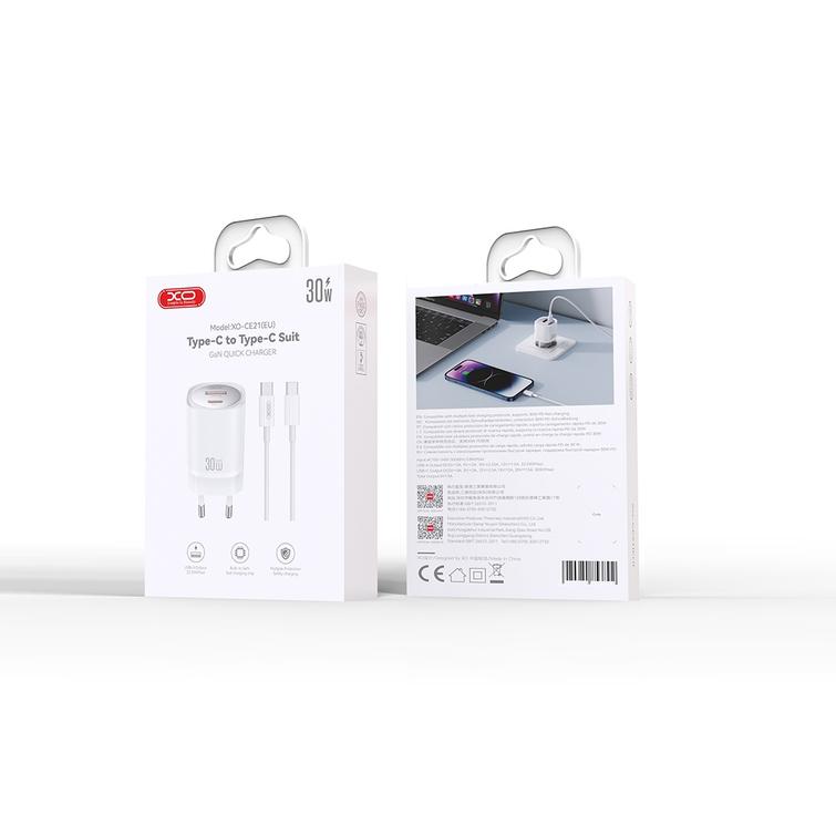 XO-sein&auml;laturi CE21 PD 30W 1x USB-C 1x USB valkoinen + USB-C-kaapeli - USB-C