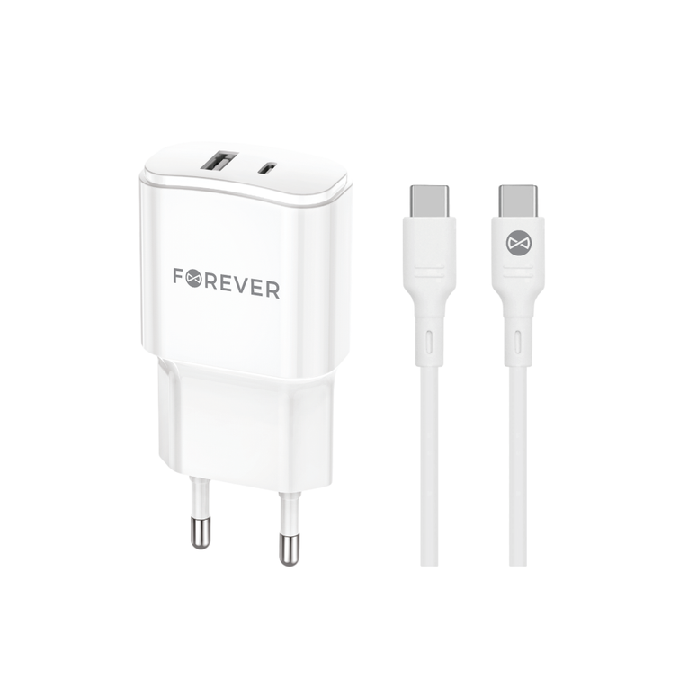 Forever TC-01-20AC PD QC laturi 1x USB-C 1x USB 20W valkoinen + USB-C - USB-C kaapeli 20W