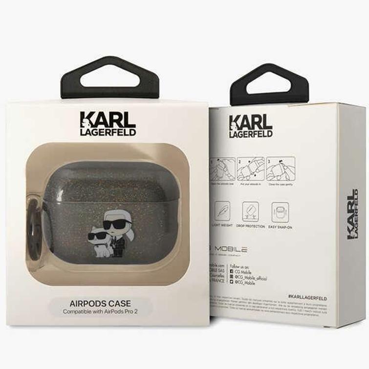 Karl Lagerfeld AirPods Pro 2 -kuulokkeiden suojakuori KLAP2HNKCTGK musta TPU Glitter NFT Karl&Choupette