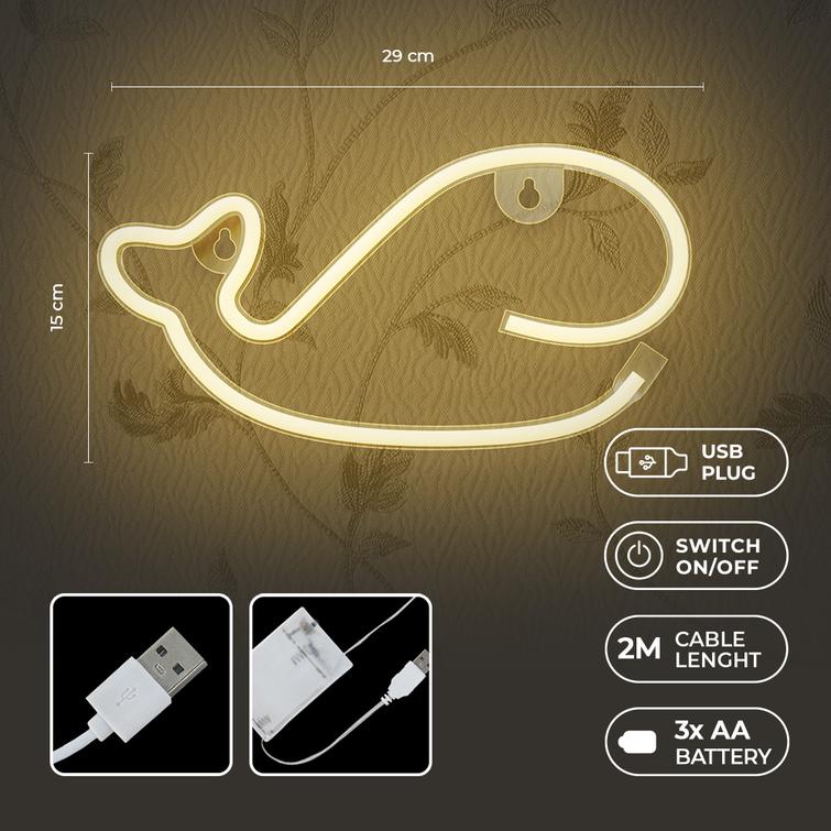 Neon LED-valo WHALE l&auml;mmin valkoinen Lepakko + USB FLNE09 Forever Light