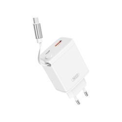 XO-seinälaturi CE31 1x USB 1x USB-C 30W valkoinen sisäänvedettävällä USB-C-kaapelilla