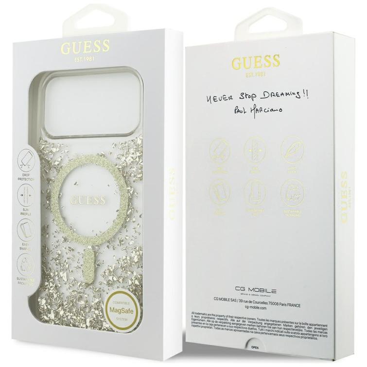Guessin hartsipohjainen glitter-magneettisuojakuori iPhone 17 Pro Maxille złoty