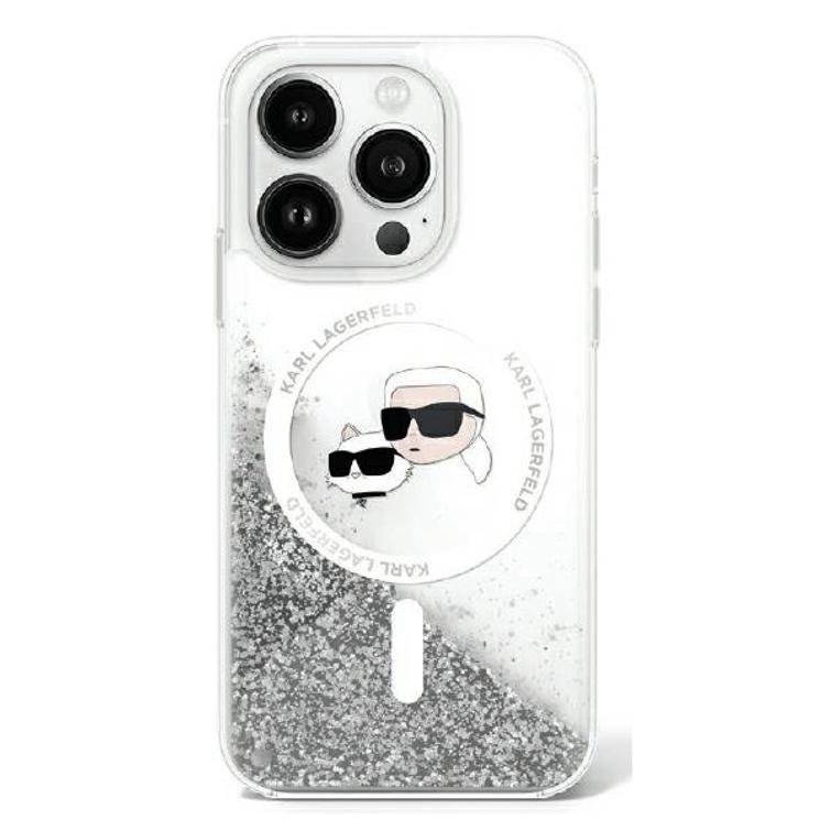 Karl Lagerfeld -suojakuori iPhone 16 6,1":lle. KLHMP16SLGKCSGH -läpinäkyvä kova nestemäinen glitteri Karl&Choupette -päällä, MagSafe-suojakuori.