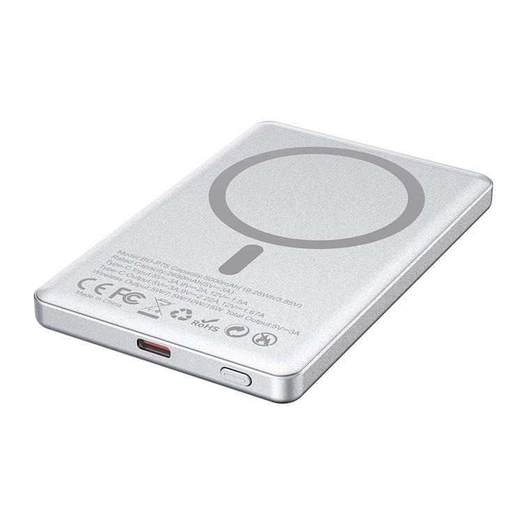 BWOO alumiininen magneettinen varavirtal&auml;hde P75 PD 20W 5000 mAh digitaalisella n&auml;yt&ouml;ll&auml; ja USB-C-portilla, hopeanv&auml;rinen