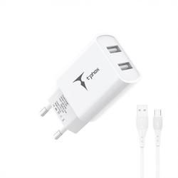 T-PHOX WALL CHARGER POCKET SERIES 2xUSB TCC-224 12W + USB-C CABLE WHITE