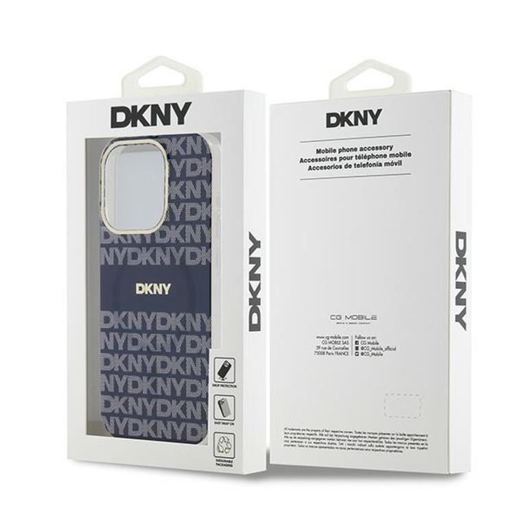 DKNY iPhone 15 Pro 6,1" -puhelimen suojakuori DKHMP15LHRHSEB, nilkkareunainen, HC Magsafe -pintakuvioitu, toistuva kuvio ja raidat.