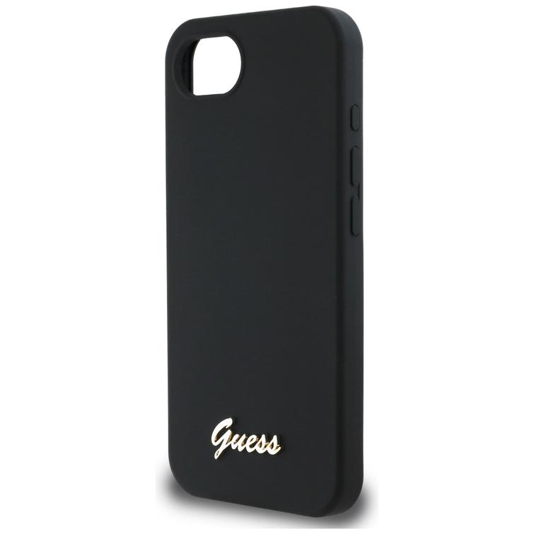 Guess HC Silicone Script Metal Logo -suojakuori iPhone 16e:lle, musta