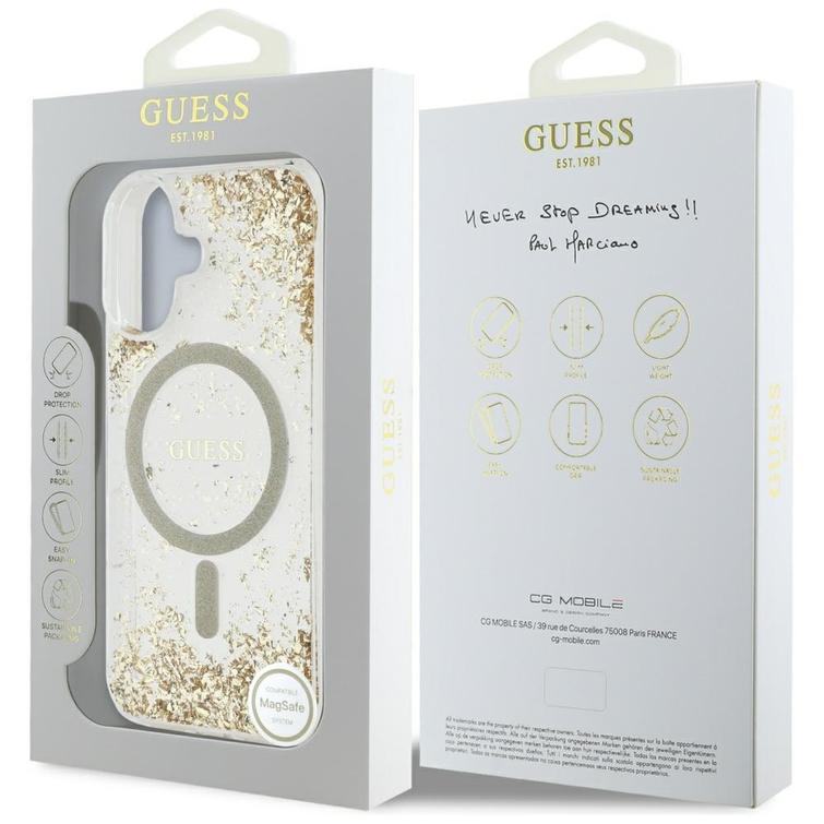 Guess HC Resin Bottom Glitter -suojakuori iPhone 16:lle, MagSafe, kulta