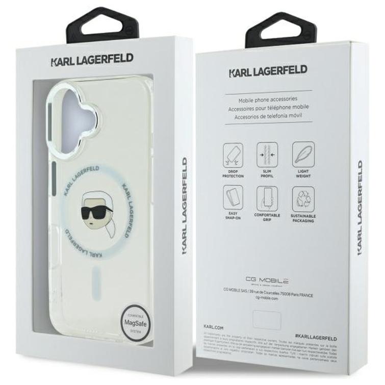 Karl Lagerfeld iPhone 16 6,1" -puhelimen suojakuori, KLHMP16SHLSKIH, valkoinen, kova IML-suoja, metallinhohtoinen Karl Head MagSafe -naaras.