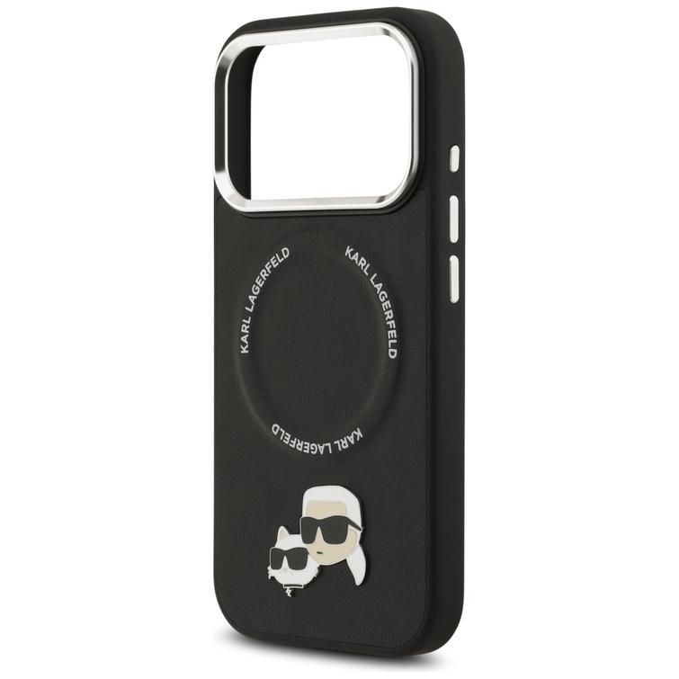 Karl Lagerfeld -kotelo, Magsafe PU -kotelo, jossa Karl&Choupette-p&auml;&auml;t, nastat, logo ja metalliset kamerapainikkeet iPhone 17 Prolle, musta