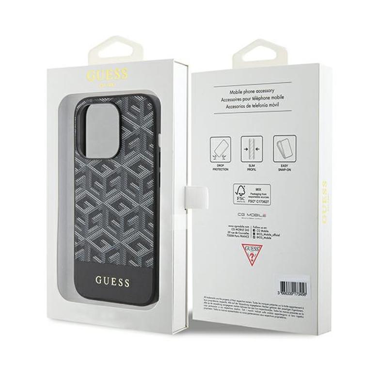Guess iPhone 14 Pro Max 6,7" suojakuori GUHMP15XHGCFSEK musta HC MAGSAFE GCUBE PU STRIPE