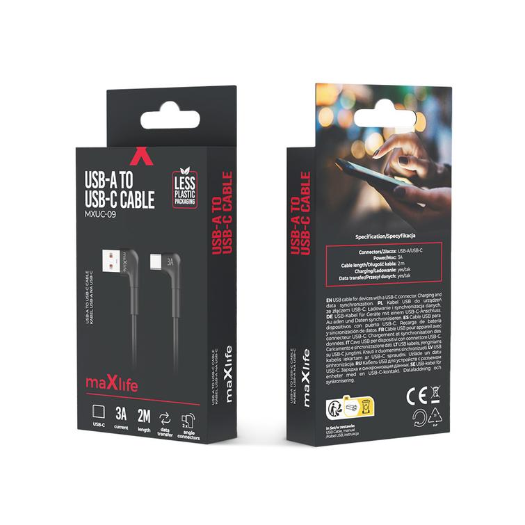 Maxlife MXUC-09 kulmakaapeli USB - USB-C 2,0 m 3A musta