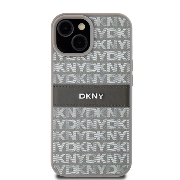 DKNY iPhone 15 Plus 6,7" -puhelimen kuori DKHCP15MPRTHSLE, beige HC PU -kuvioitu toistuva kuvio ja sävyinen raita.