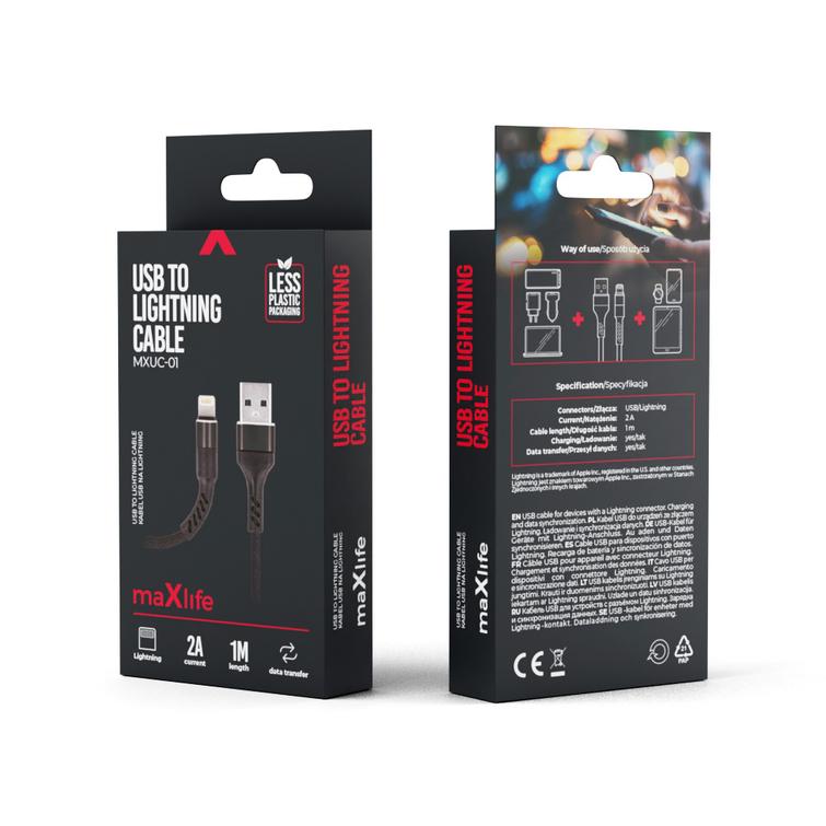 Maxlife MXUC-01 USB-kaapeli - Lightning 1,0 m 2A musta nailon