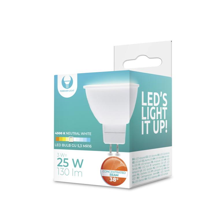 LED-lamppu GU5,3 MR16 3W 12V 4500K 130lm 38° Forever Light